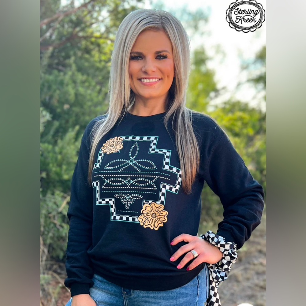 🌵Sterling Kreek Pullover Sweatshirt Boot Stitch Leather Turquoise Black Wht Trac